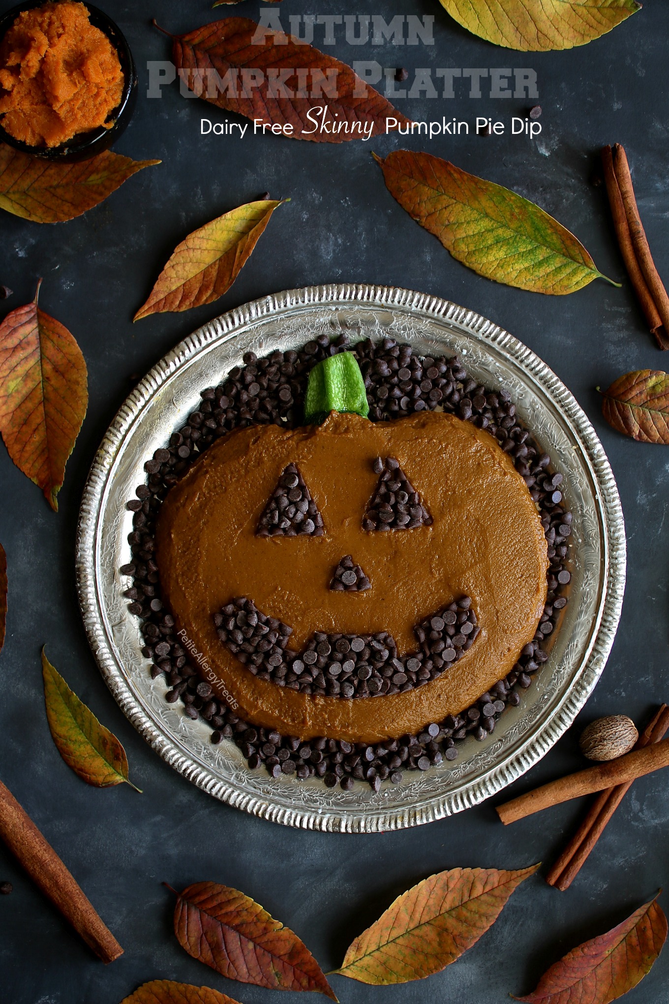 Dairy Free Skinny Pumpkin Pie Dip Recipe (vegan)- Adorable pumpkin platter for Fall, Halloween or Autumn parties! Food Allergy friendly!