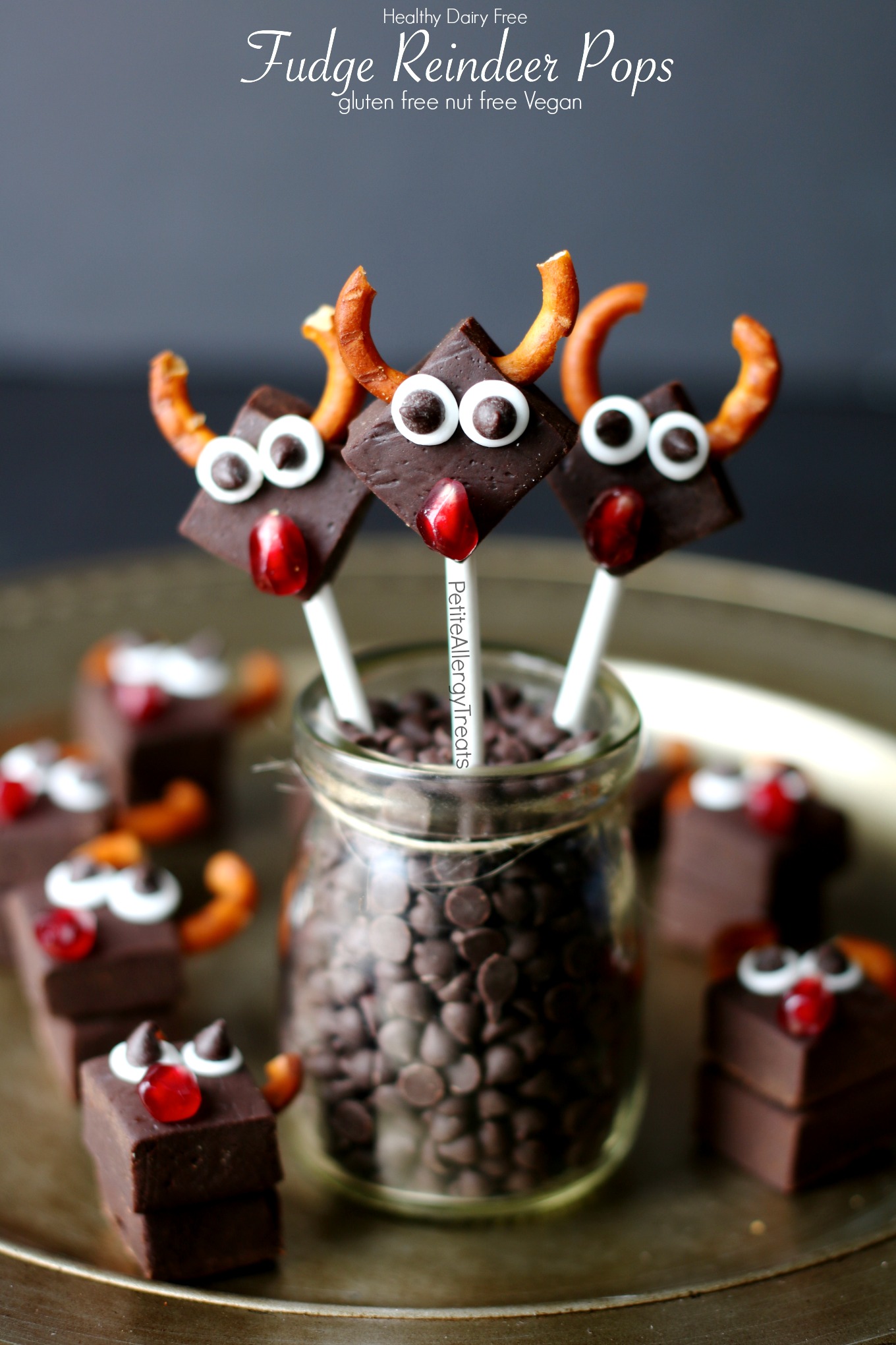 Healthy Dairy Free Fudge Reindeer Pops Recipe (vegan gluten free)- No Bake Adorable reindeer pops for Christmas! Dye free gluten free and food allergy friendly