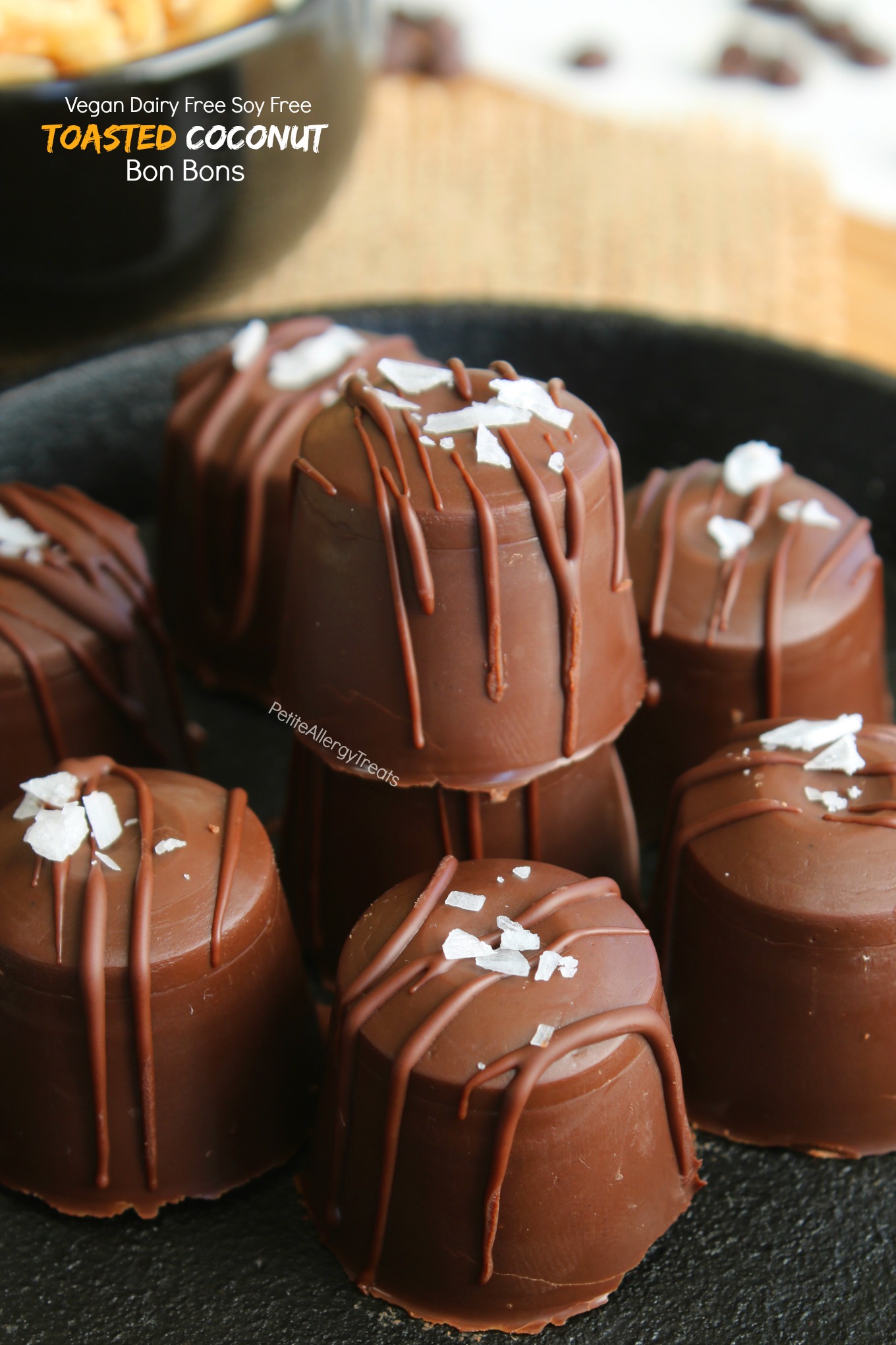Chocolate Toasted Coconut Bon Bons or Truffles Recipe- Dairy free vegan chocolate make these coconut chocolates food allergy friendly. Perfect for parties!