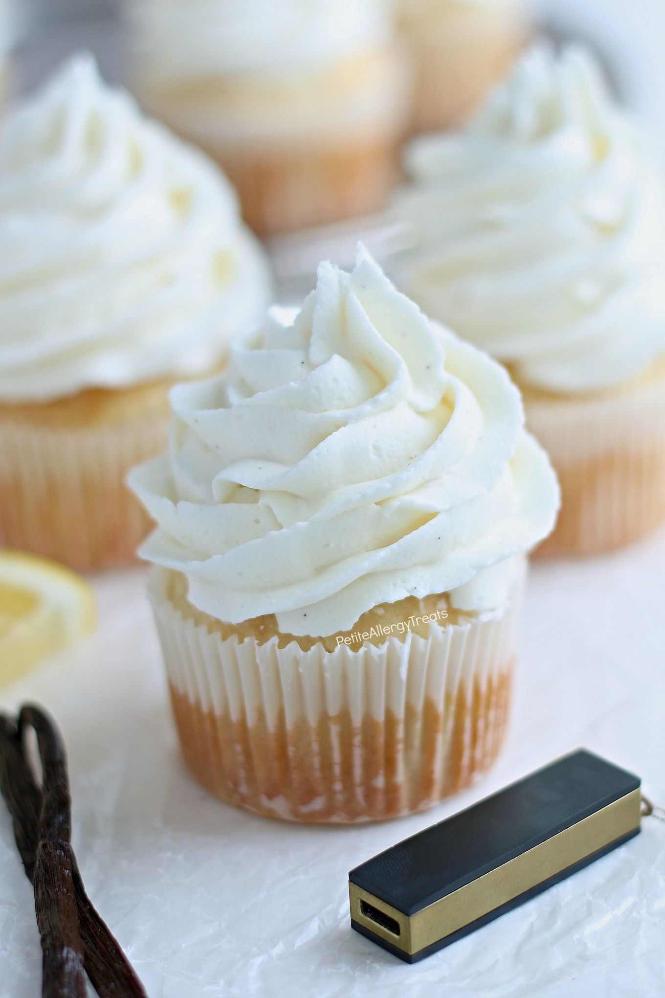 Dairy Free Gluten Free Vanilla Cupcakes Recipe (vegan egg free)- Bakery style real vanilla bean cupcakes. Food Allergy friendly. Top 8 Free Allergy Amulet.