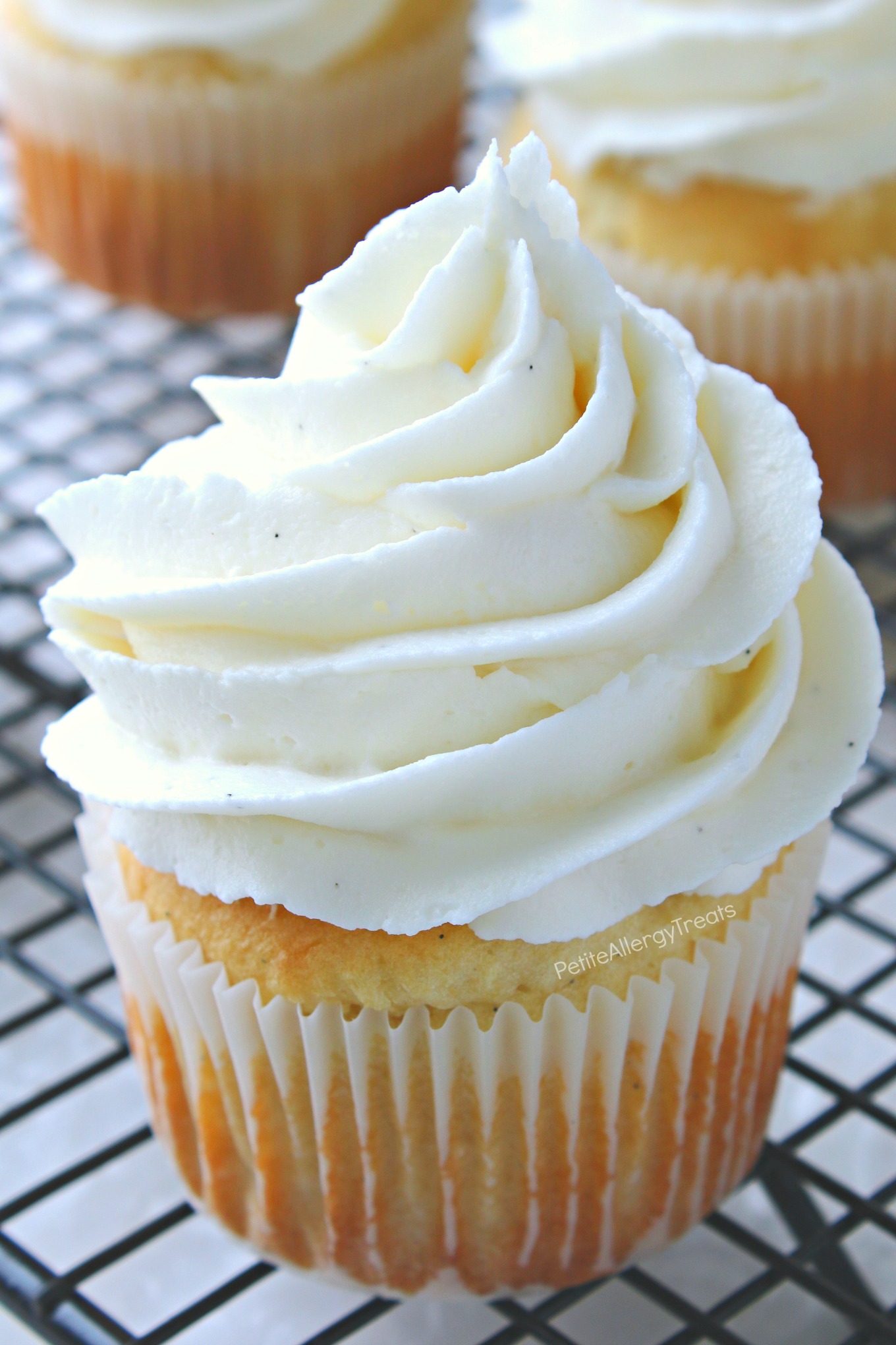 Gluten Free Vegan Vanilla Cupcakes Recipe (dairy free egg free)- Bakery style real vanilla bean cupcakes. Food Allergy friendly. Top 8 Free & Allergy Amulet.