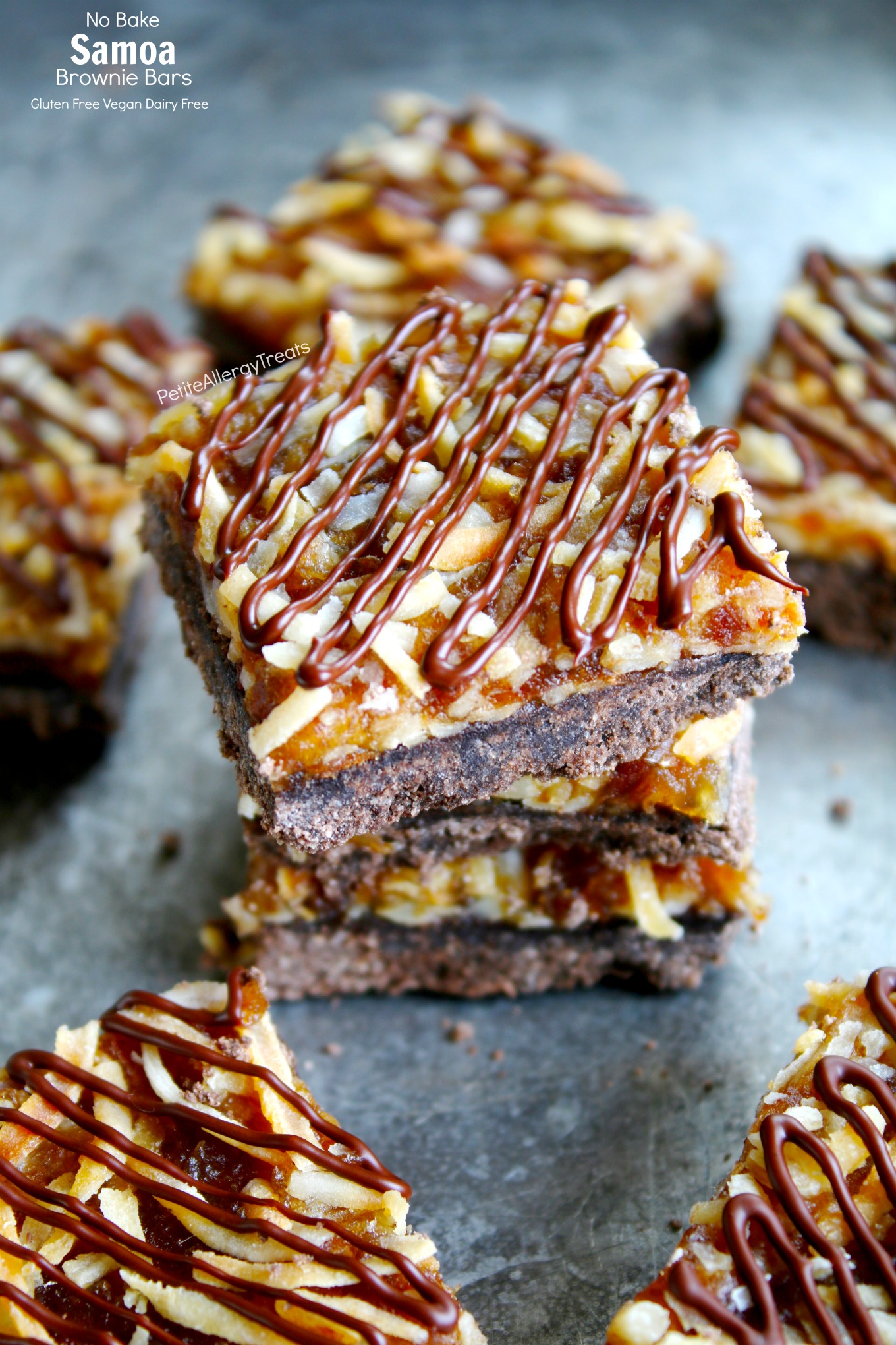 Gluten Free Samoa Brownie Bars Recipe (Vegan dairy free)- No bake Girl Scout toasted coconut caramel brownie bars! Food allergy friendly!