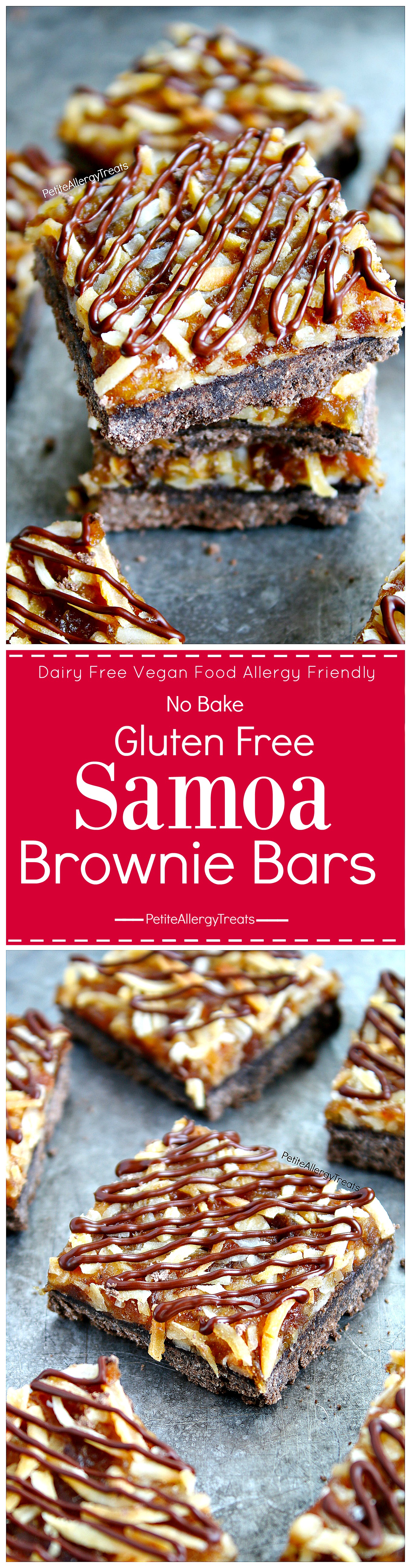 Gluten Free Samoa Brownie Bars Recipe (Vegan dairy free)- No bake Girl Scout toasted coconut caramel brownie bars! Food allergy friendly!