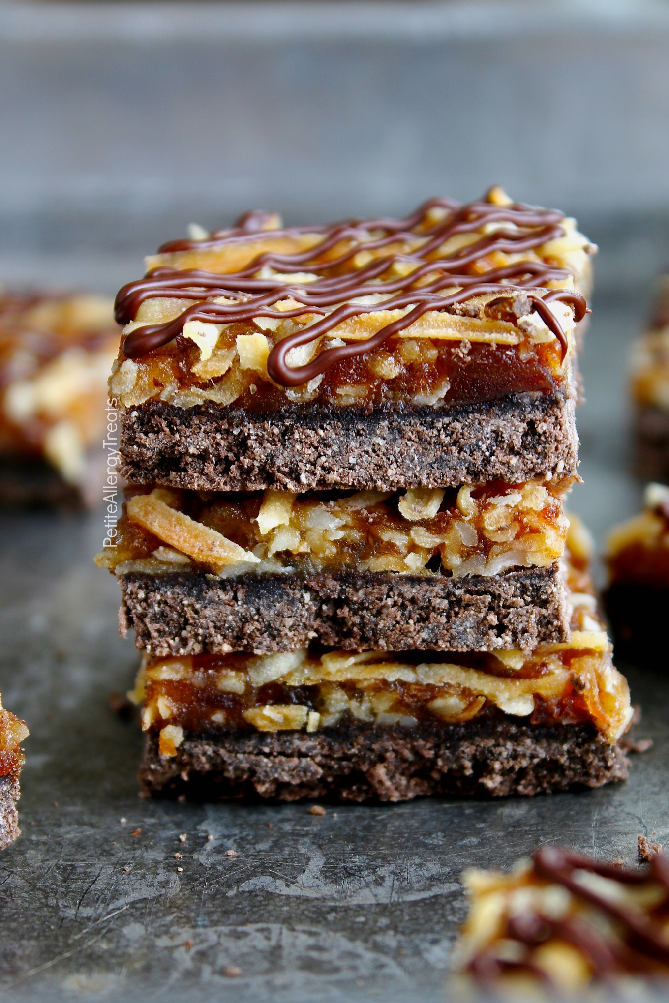 Samoa Brownie Bars Recipe (gluten free Vegan dairy free)- No bake Girl Scout Carmel DeLite toasted coconut caramel brownie bars! Food allergy friendly!