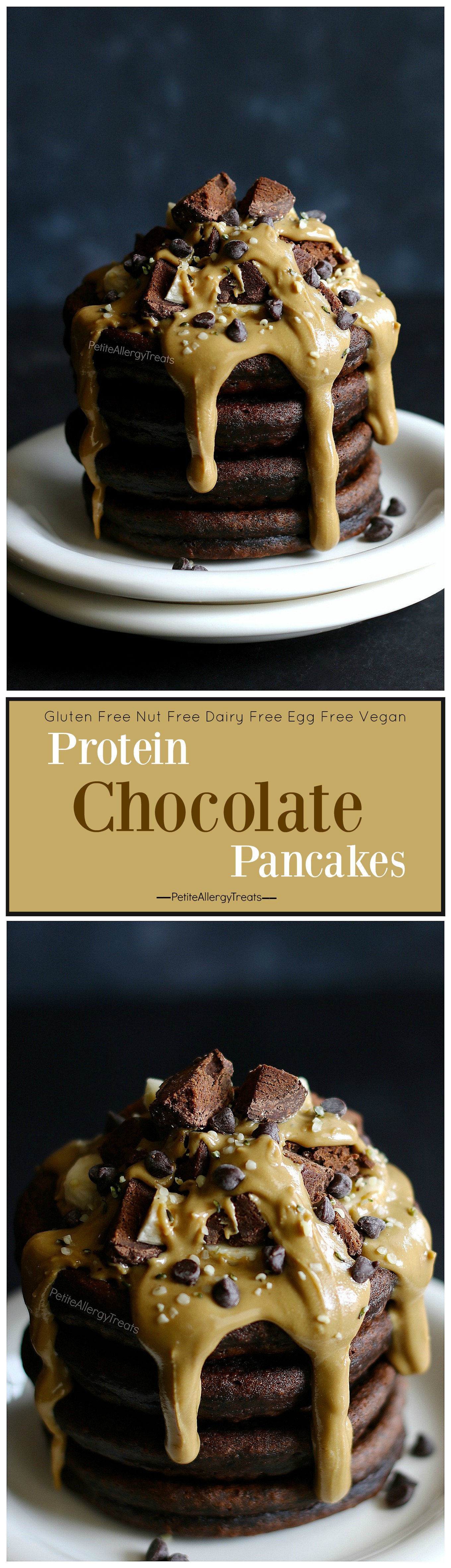 Gluten Free Chocolate Pancakes Recipe (dairy free gluten free)- Protein packed chocolate nut free egg free pancakes! Food Allergy Friendly.