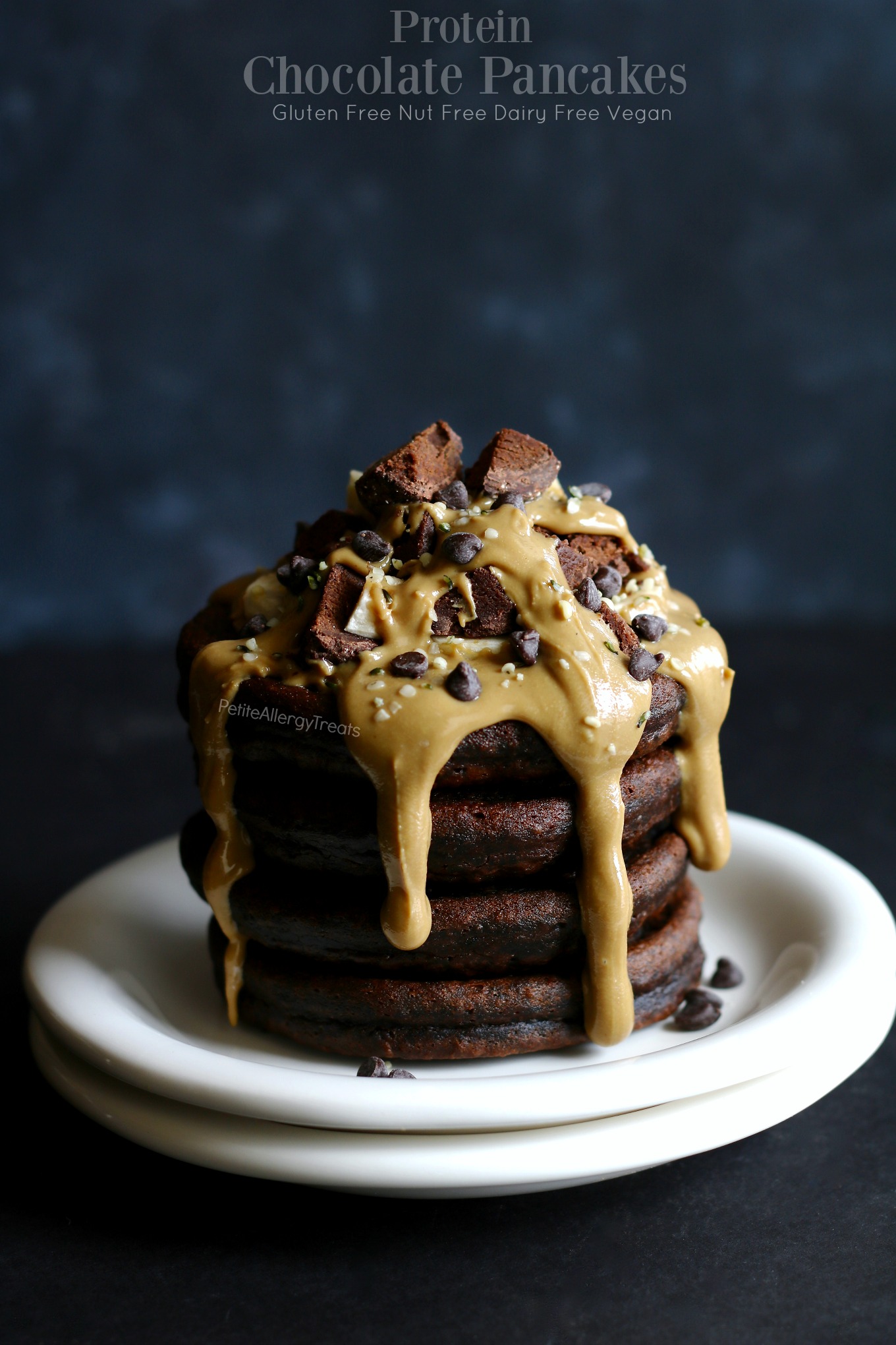 Gluten Free Vegan Chocolate Pancakes Recipe (dairy free nut free)- Protein packed chocolate egg free pancakes! Food Allergy Friendly.