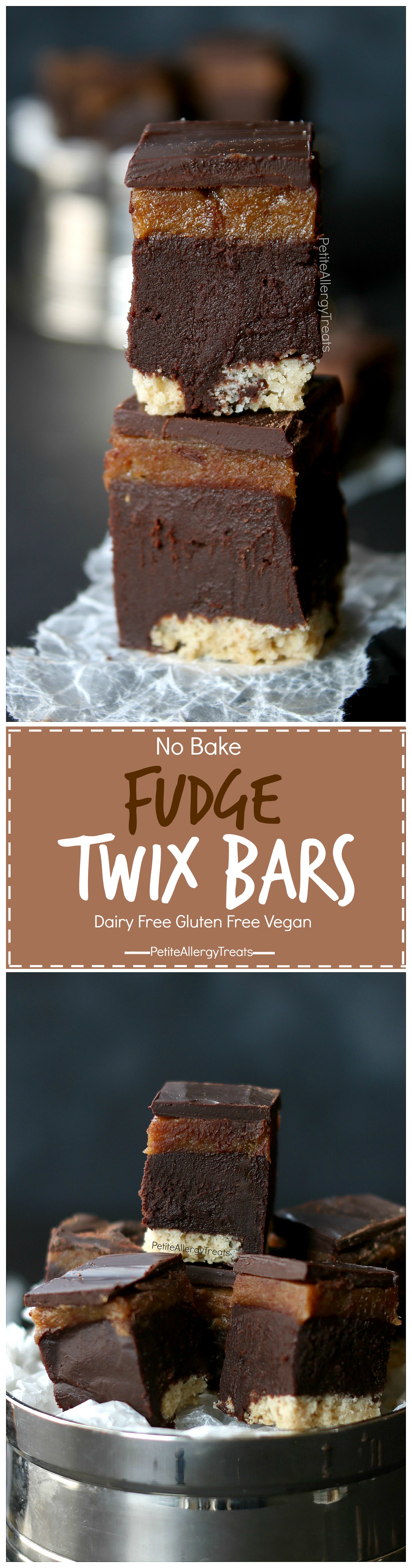 No bake Twix Fudge Bars Recipe (gluten free dairy free Vegan)- Healthier date caramel and oil free ganache fudge filling. Food Allergy friendly!