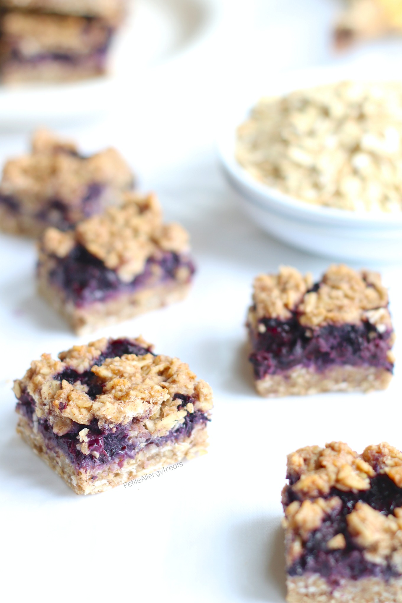 Easy Blueberry Breakfast Oat Bars Recipe (gluten free dairy free Vegan) Healthy refined sugar free flourless oat bars! Super easy dairy free quick breakfast. Food Allergy friendly.