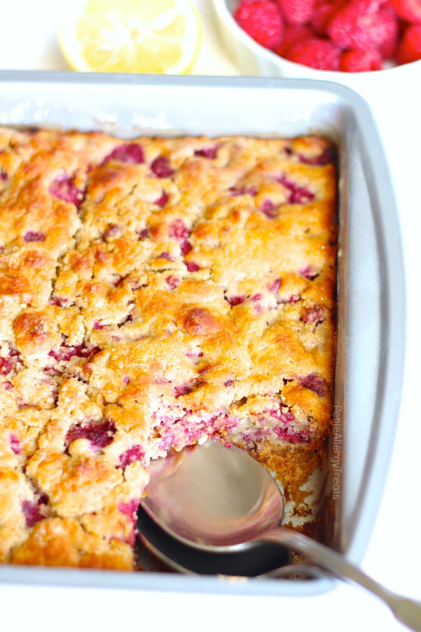 Gluten Free Raspberry Buckle Cake (dairy free vegan) Recipe- Healthier no bowl required breakfast cake containing real fruit, protein and food allergy friendly.