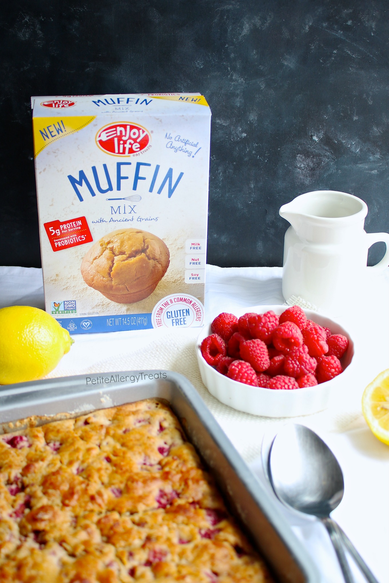 Gluten Free Raspberry Dump Cake (dairy free vegan) Recipe- Healthier no bowl required breakfast cake containing real fruit, protein and food allergy friendly.