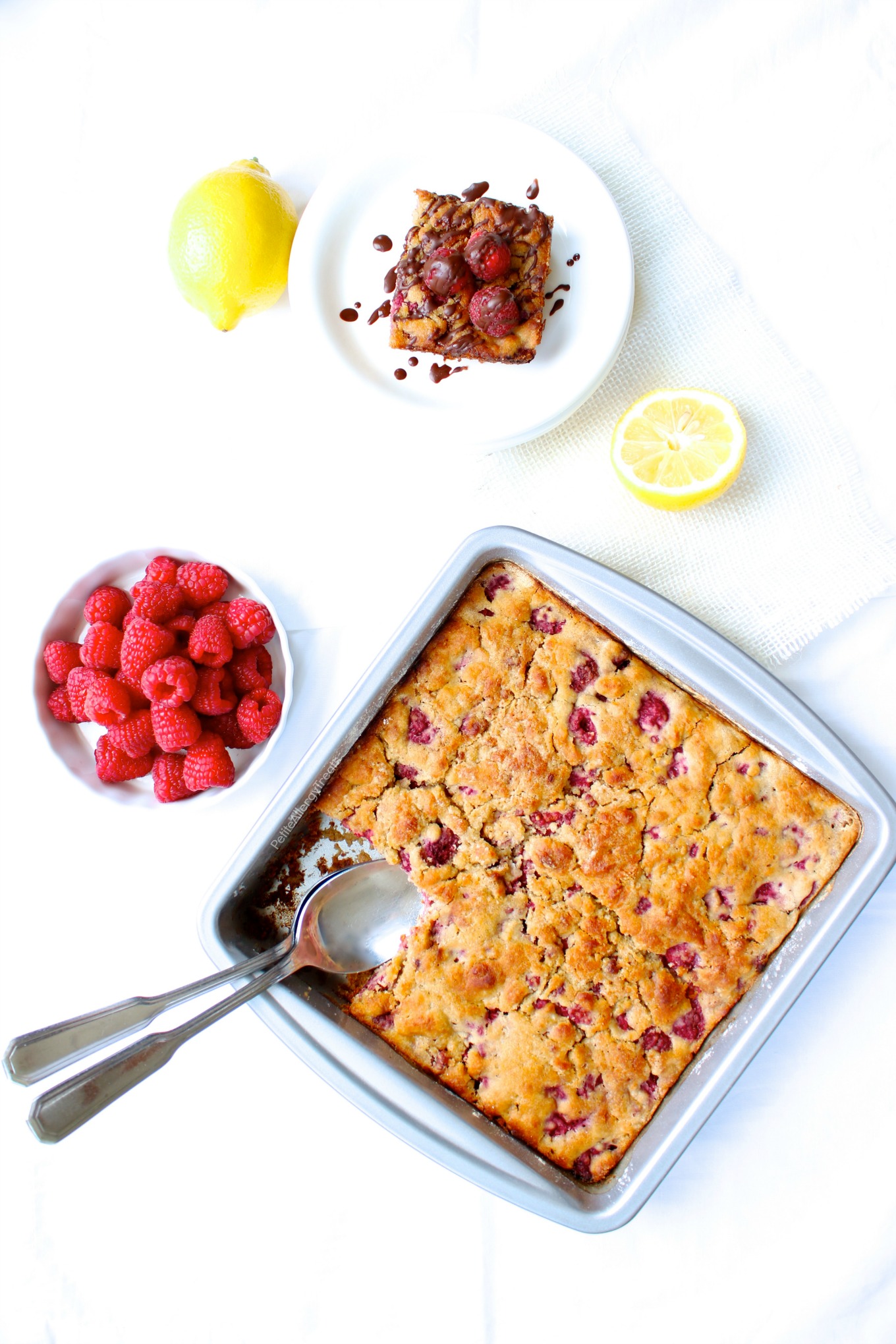 Gluten Free Raspberry Buckle Cake (dairy free vegan) Recipe- Healthier no bowl required breakfast cake containing real fruit, protein and food allergy friendly.