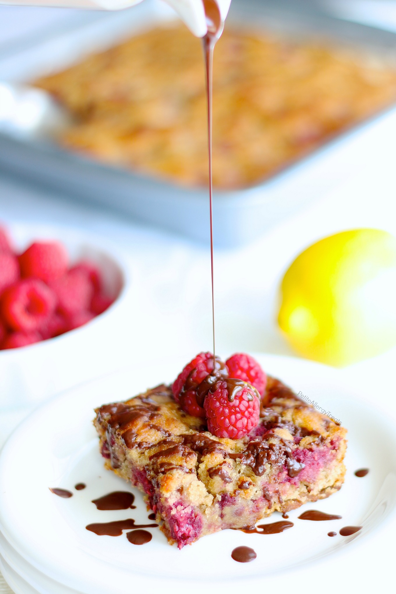 Gluten Free Raspberry Breakfast Cake (dairy free vegan) Recipe- Healthier no bowl required dump cake containing real fruit, protein and food allergy friendly.