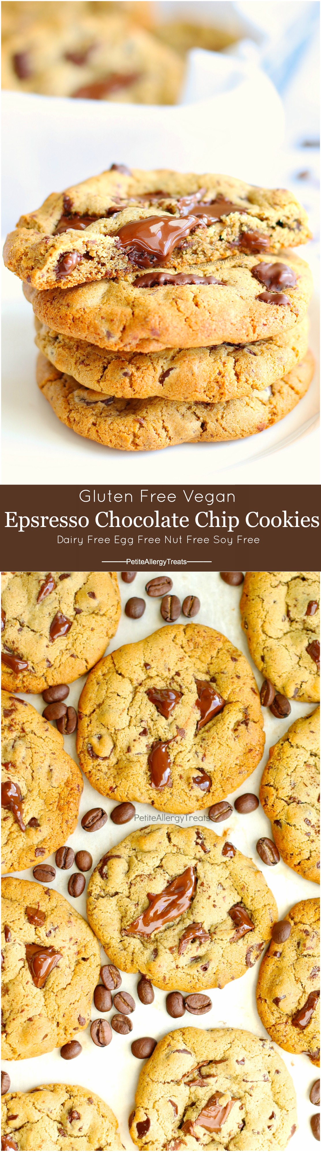 Vegan Gluten Free Espresso Chocolate Chip Cookies Recipe- Gooey egg free vegan espresso chocolate chip cookies! Dairy Free sweet cookies!