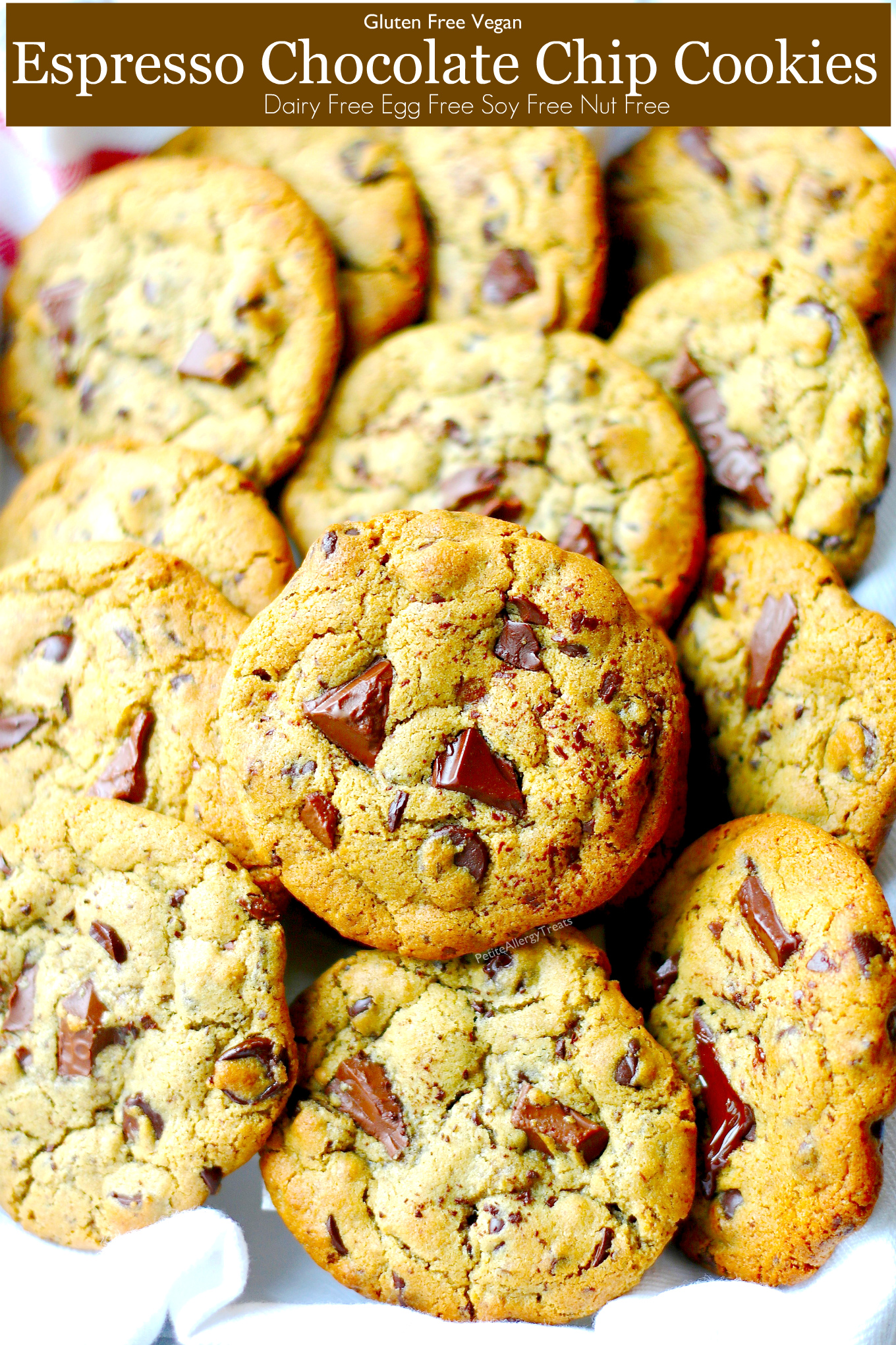 Espresso Chocolate Chip Cookies Recipe- Gluten Free Vegan gooey egg free chocolate chip cookies! Dairy Free sweet cookies!