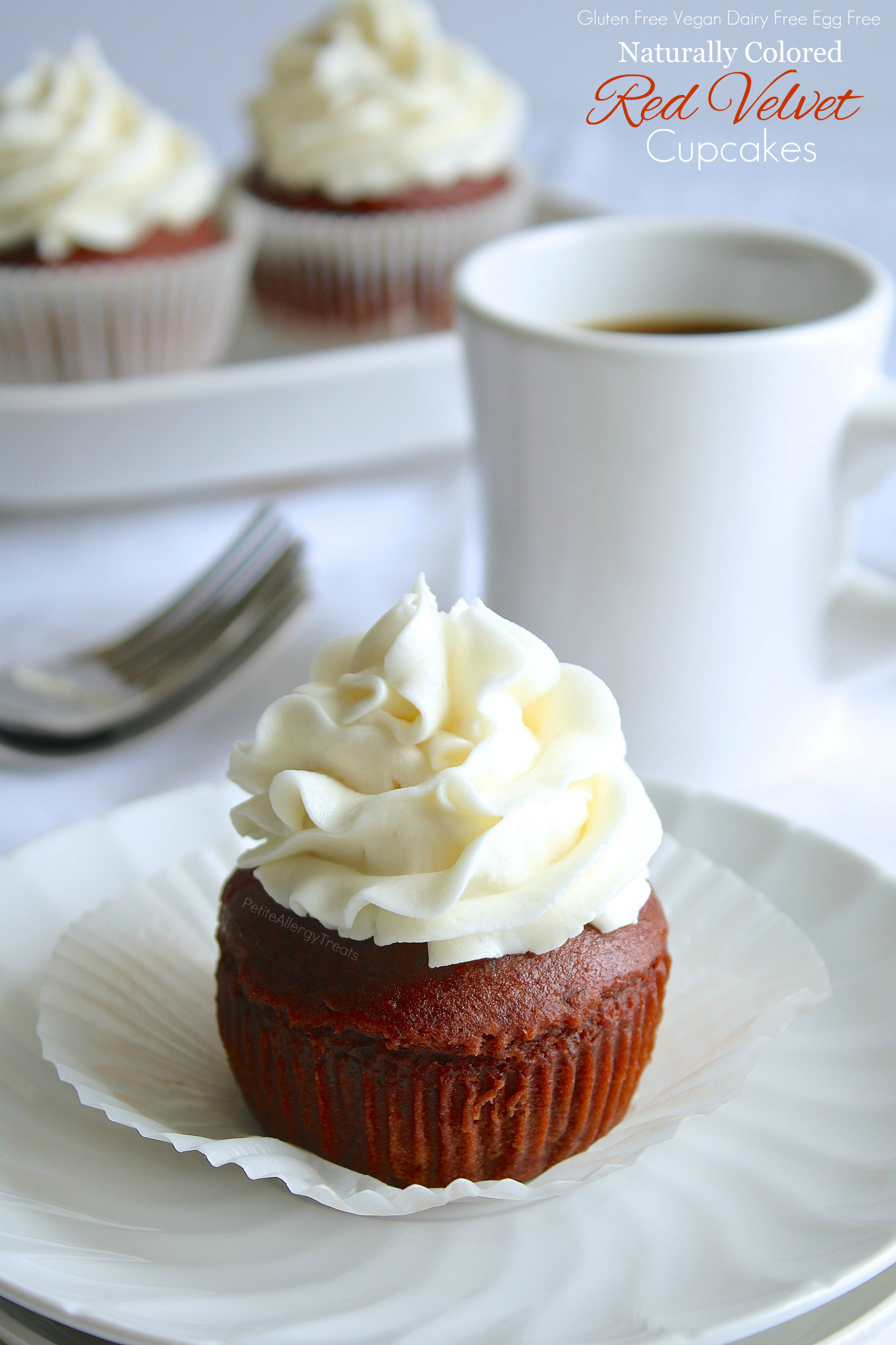 Gluten Free Vegan Red Velvet Cupcakes Recipe- Naturally colored dye-free red velvet cupcakes made dairy free, egg free and Vegan. Food Allergy friendly!