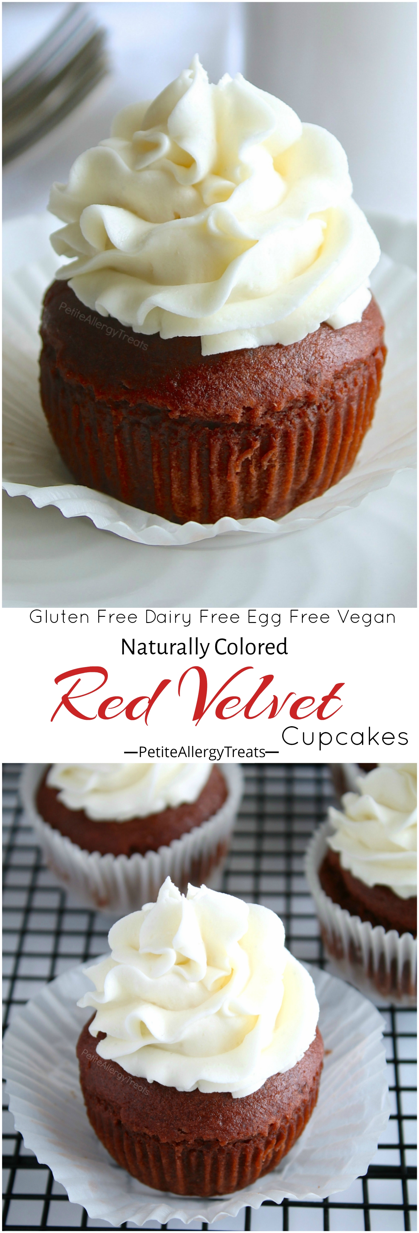 Gluten Free Red Velvet Cupcakes Recipe (vegan dye-free)- Naturally colored red velvet cupcakes made dairy free, egg free and Vegan. Food Allergy friendly!