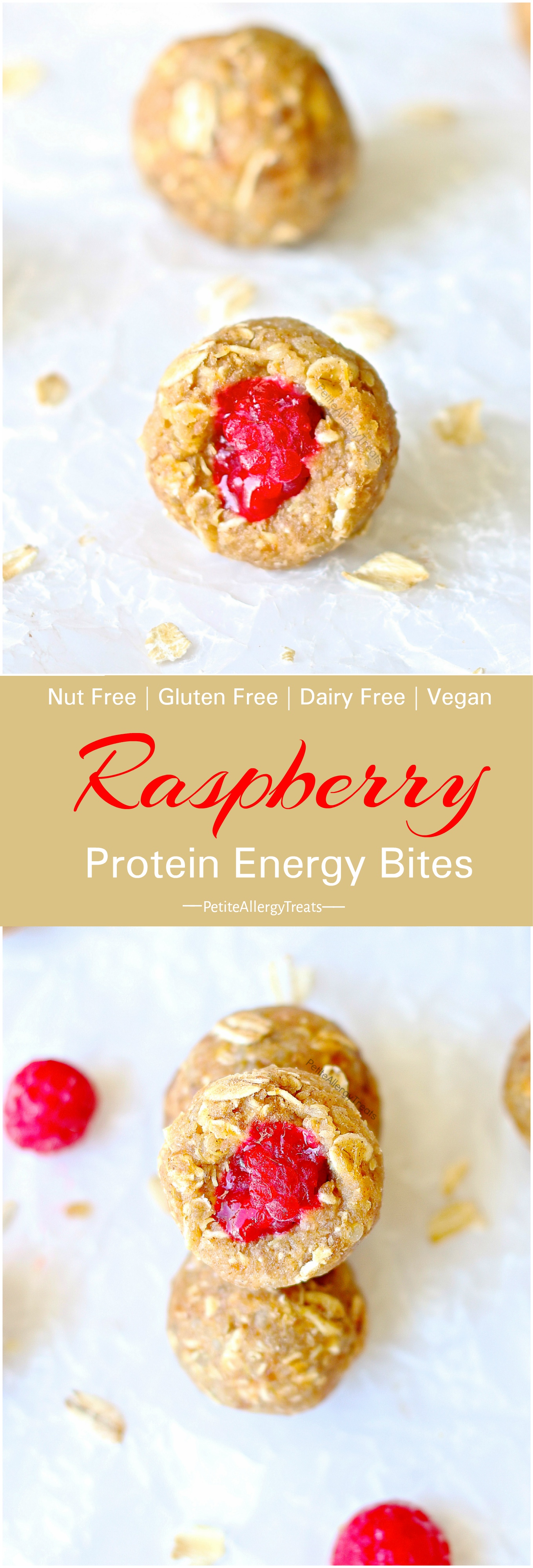 Nut Free Raspberry Protein Bites Recipe (gluten free vegan) Easy no bake protein energy balls filled with raspberry! Food Allergy friendly too- dairy free, soy free! 