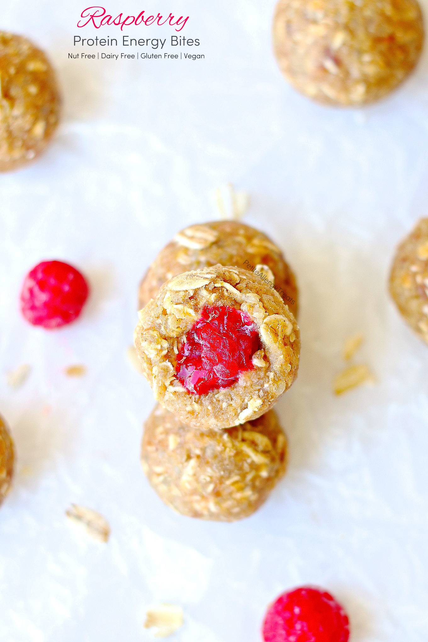 Raspberry Protein Bites Recipe (gluten free vegan) No Bake easy nut free protein energy balls filled with raspberry! Food Allergy friendly too- dairy free, soy free! 