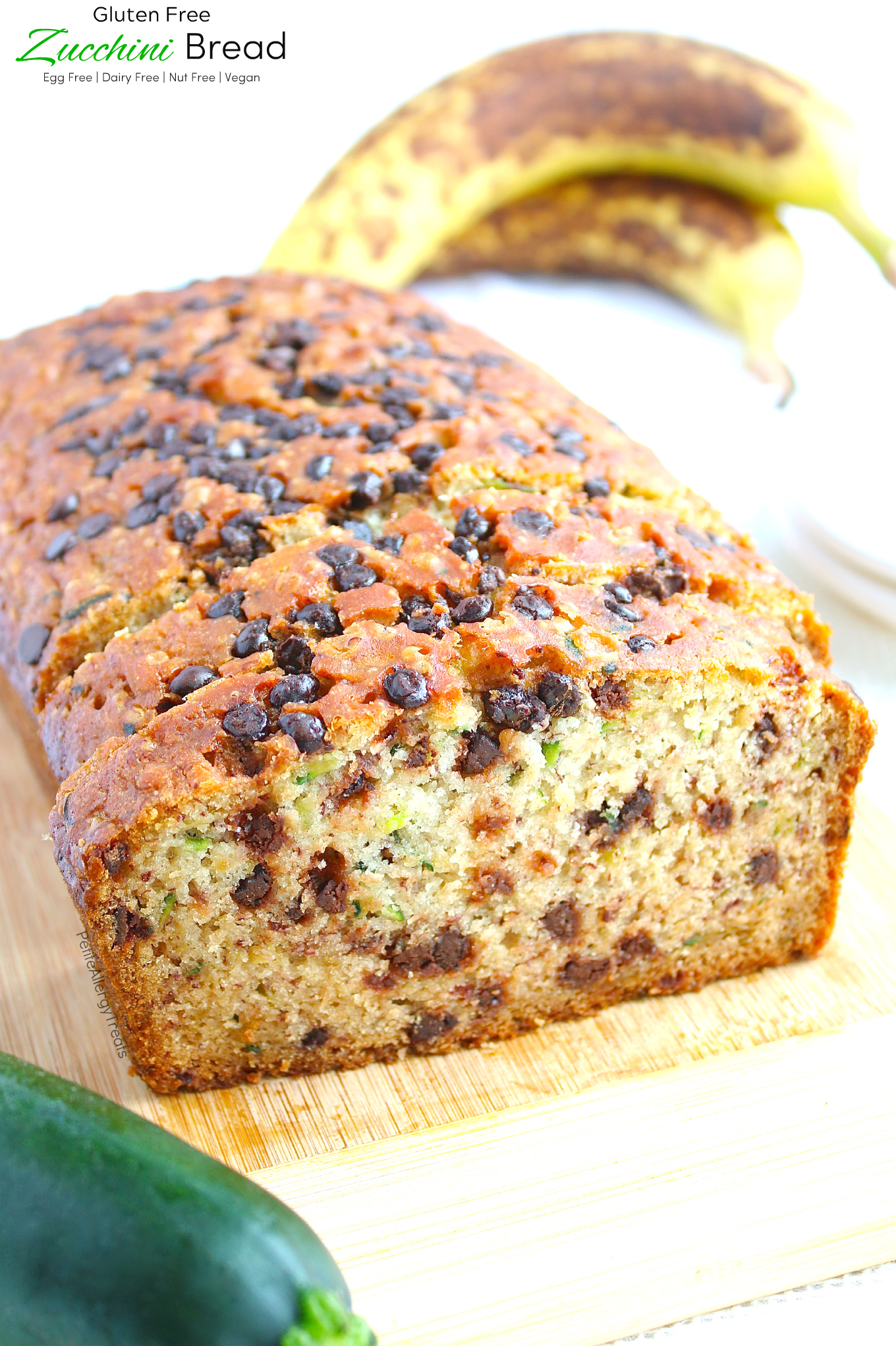 Easy egg free Gluten Free Zucchini Bread Recipe (dairy free Vegan)- One bowl gluten free chocolate chip zucchini bread. #glutenfree, #dairyfree, #eggfree, #vegan