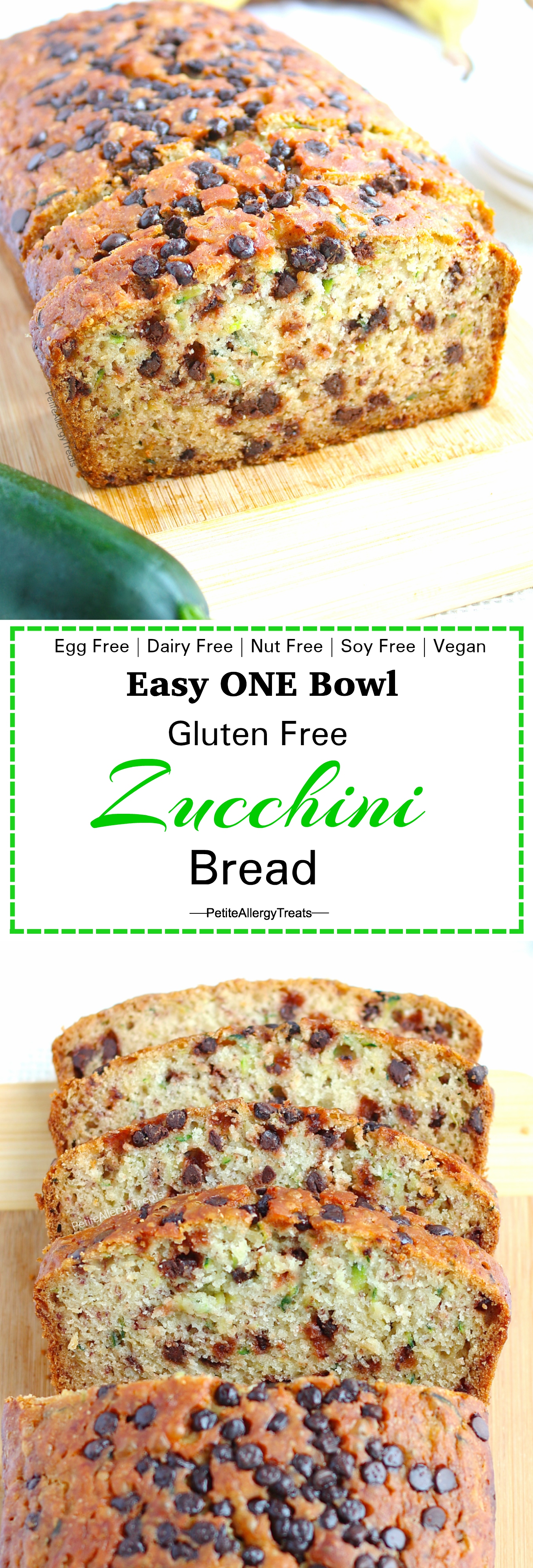 Egg Free Gluten Free Zucchini Bread Recipe (egg free dairy free Vegan)- Easy one bowl gluten free chocolate chip zucchini bread. #glutenfree, #dairyfree, #eggfree, #vegan, #foodallergies