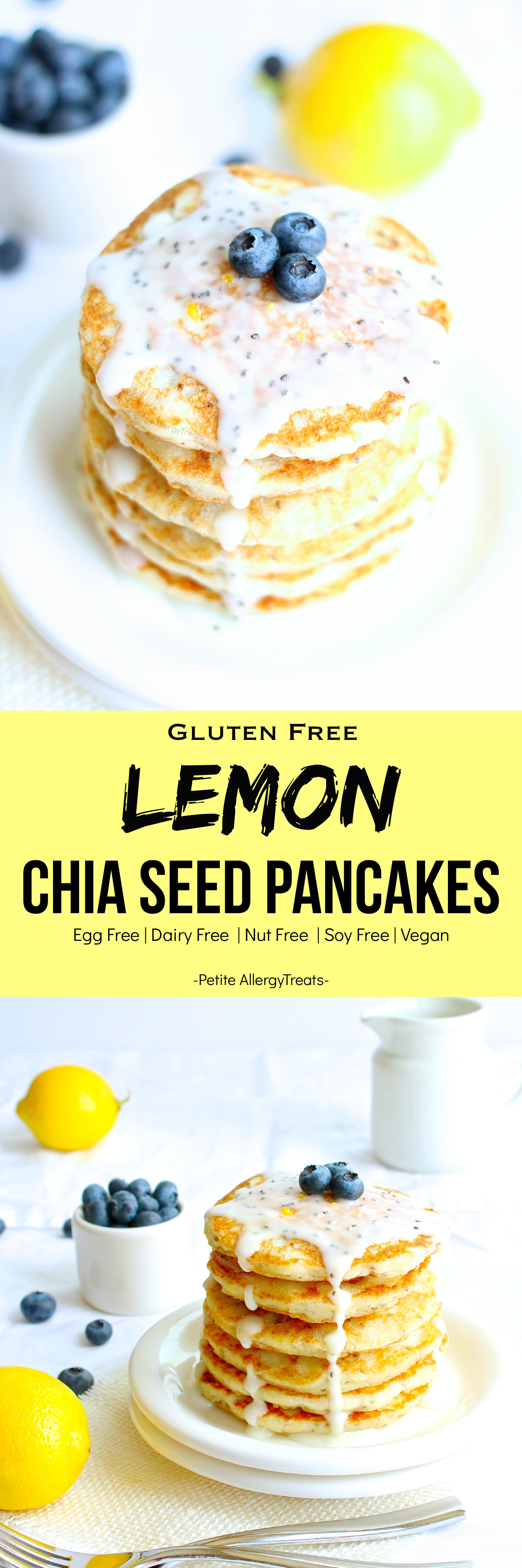 Vegan Gluten Free Lemon Chia Pancakes (gluten free dairy free Vegan) recipe- Easy gluten free lemon chia pancakes, like lemon poppy seed pancakes but better. Super food allergy friendly too-egg free, dairy free and nut free. #glutenfree #dairyfree #eggfree