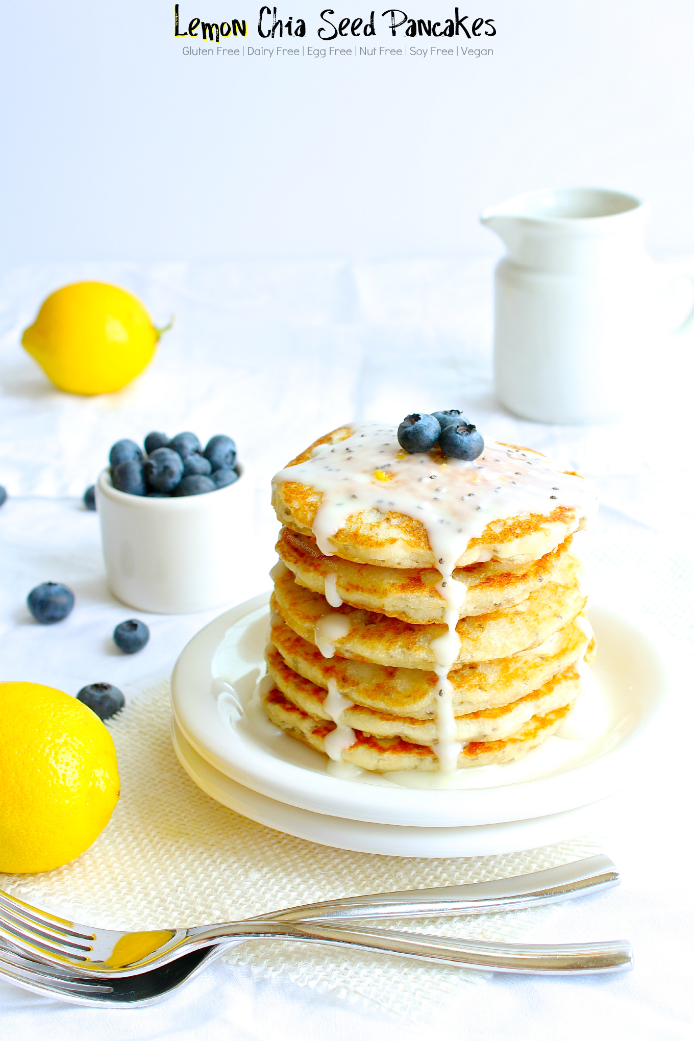 Gluten Free Lemon Chia Seed Pancakes (dairy free Vegan) recipe- Easy gluten free pancakes, like lemon poppy seed pancakes but better. Super food allergy friendly too-egg free, dairy free and nut free. #glutenfree #dairyfree #eggfree